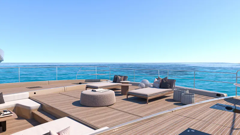 Yacht Photos Pics Luxurious 2026 Lagoon EIGHTY 3 yacht deck with ocean view and elegant seating.