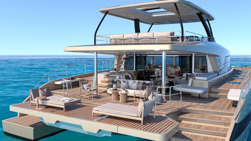  Yacht Photos Pics Luxurious 2026 Lagoon EIGHTY 3 yacht with spacious deck and modern design on open sea.