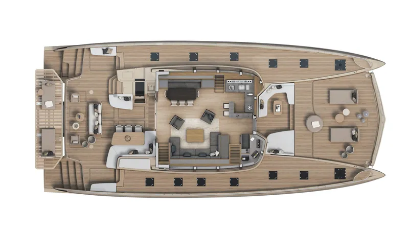  Yacht Photos Pics Top view of 2026 Lagoon EIGHTY 3 yacht layout, featuring spacious deck and luxurious interiors.