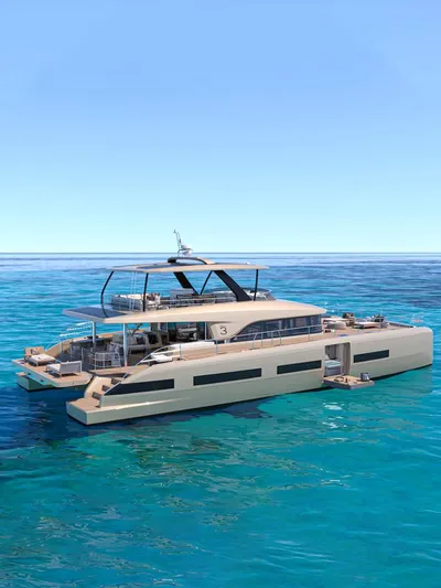  Yacht Photos Pics Luxury Lagoon EIGHTY 3 yacht, 2026 model, cruising on clear blue ocean waters.