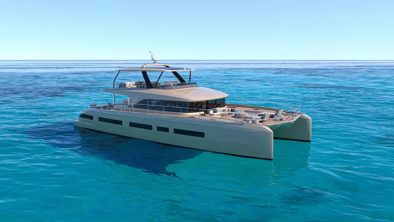  Yacht Photos Pics 2026 Lagoon EIGHTY 3 catamaran cruising on clear blue ocean waters.