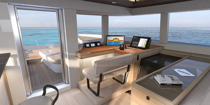  Yacht Photos Pics Luxurious interior of 2026 Lagoon EIGHTY 3 yacht with ocean view and modern amenities.