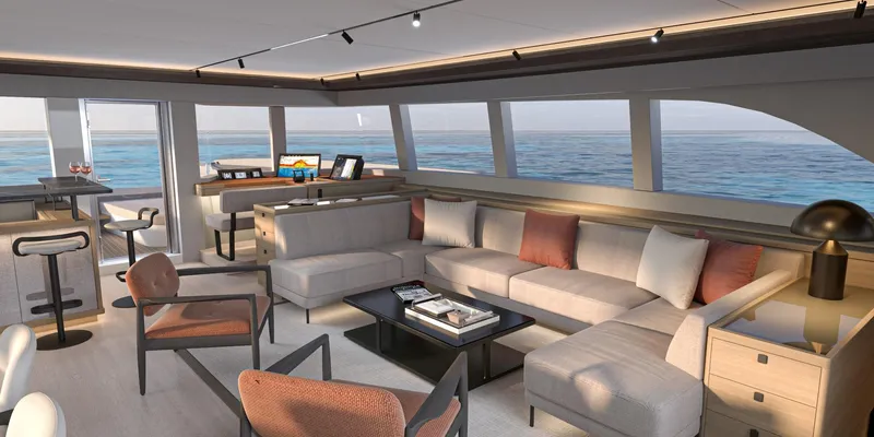  Yacht Photos Pics Luxurious interior of 2026 Lagoon EIGHTY 3 yacht with ocean view and modern furnishings.
