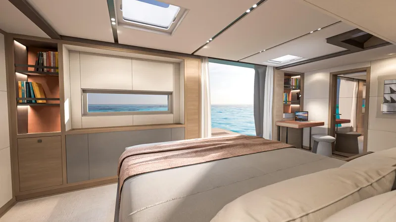 Yacht Photos Pics Luxurious 2026 Lagoon EIGHTY 3 yacht bedroom with ocean view and modern decor.