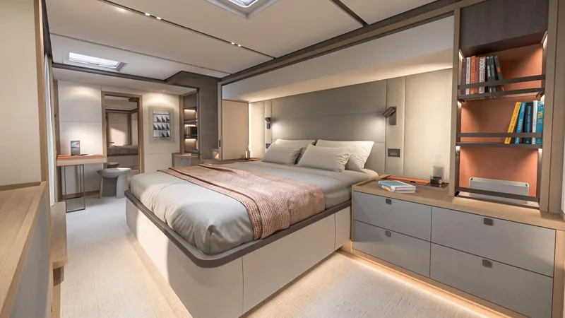  Yacht Photos Pics Luxurious bedroom interior of 2026 Lagoon EIGHTY 3 yacht with modern design and ambient lighting.