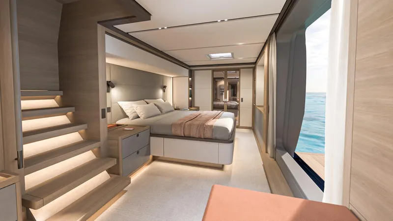 Yacht Photos Pics Luxurious interior of 2026 Lagoon EIGHTY 3 yacht with ocean view and modern design.
