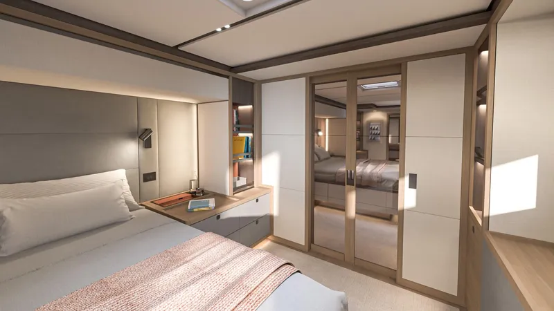  Yacht Photos Pics Luxurious bedroom interior of 2026 Lagoon EIGHTY 3 yacht, featuring modern design and cozy ambiance.