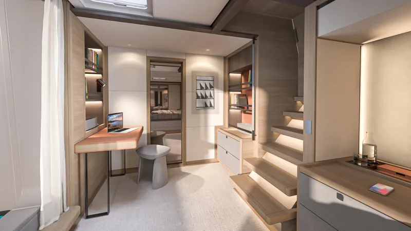  Yacht Photos Pics Luxurious interior of 2026 Lagoon EIGHTY 3 yacht with modern design and elegant furnishings.