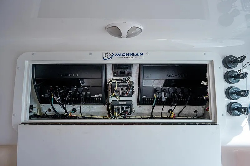  Yacht Photos Pics Electrical panel of a 2020 Invincible 37 Catamaran with Garmin systems.