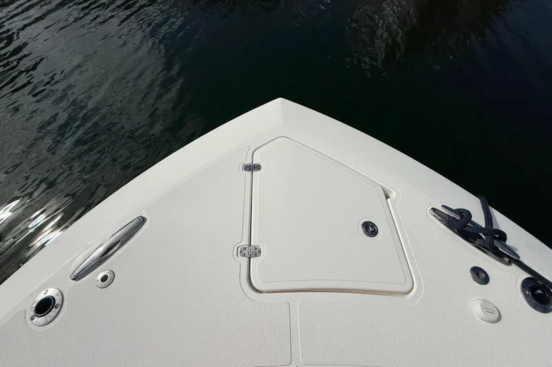 Alroma Yacht Photos Pics Bow of 2022 Pursuit S 358 Sport boat on calm water.