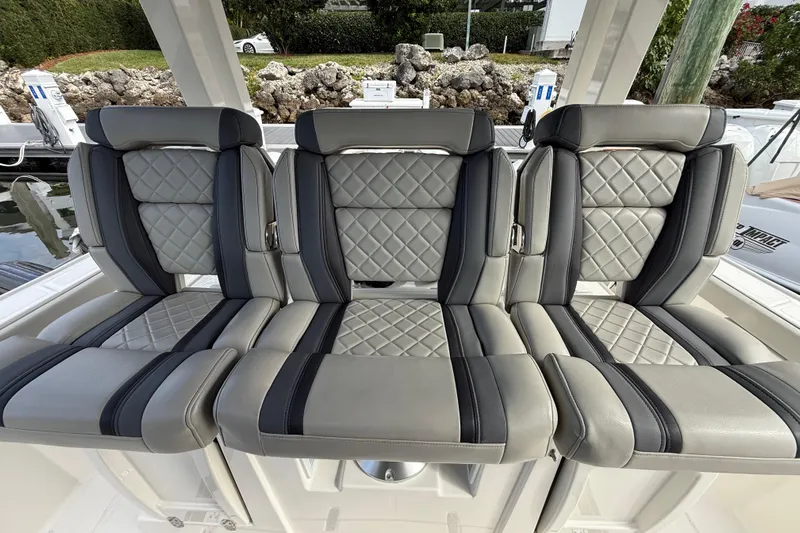 Alroma Yacht Photos Pics Luxurious seating on 2022 Pursuit S 358 Sport boat with quilted upholstery.