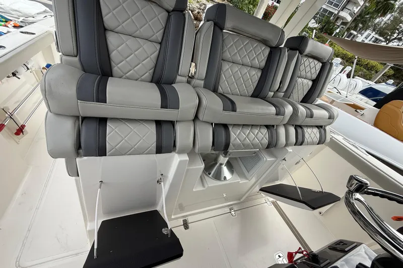 Alroma Yacht Photos Pics Luxury seating on 2022 Pursuit S 358 Sport boat with quilted upholstery and modern design.