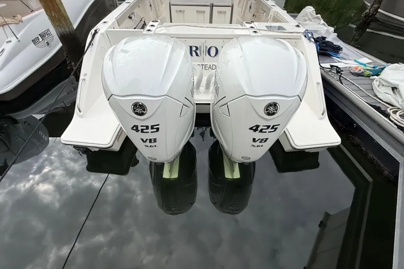 Alroma Yacht Photos Pics 2022 Pursuit S 358 Sport boat with twin Yamaha 425 V8 engines docked.