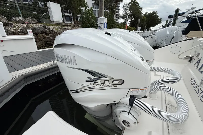 Alroma Yacht Photos Pics 2022 Pursuit S 358 Sport boat with Yamaha XTO Offshore engines docked.