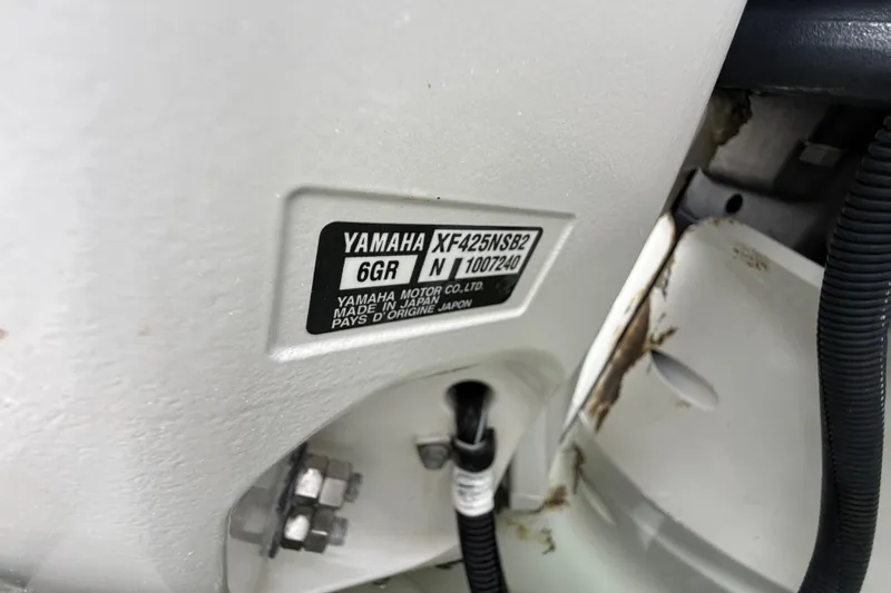 Alroma Yacht Photos Pics Yamaha motor label on 2022 Pursuit S 358 Sport boat engine.