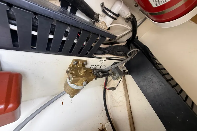 Alroma Yacht Photos Pics Engine compartment of 2022 Pursuit S 358 Sport with fuel system components.