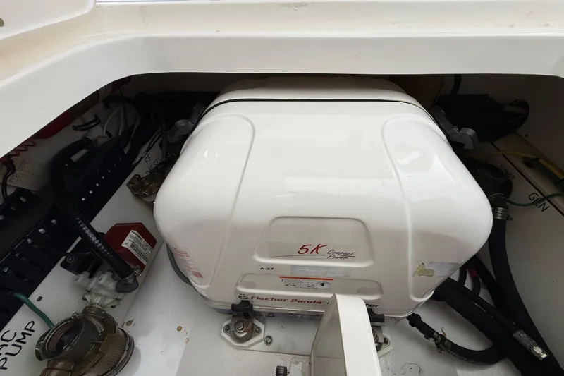 Alroma Yacht Photos Pics Engine compartment of 2022 Pursuit S 358 Sport boat with Fischer Panda generator.