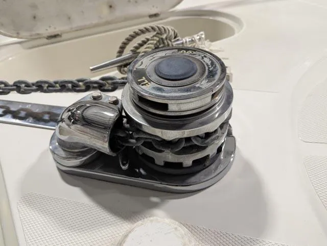 Her Endeavour II Yacht Photos Pics Anchor windlass on 1999 Carver 530 Voyager Pilothouse yacht deck.