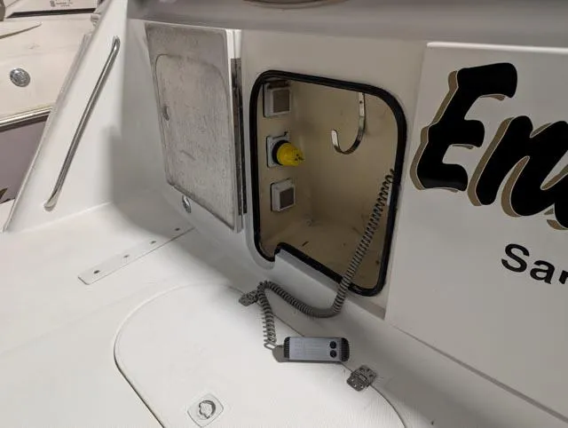 Her Endeavour II Yacht Photos Pics 1999 Carver 530 Voyager Pilothouse boat deck with open electrical panel.