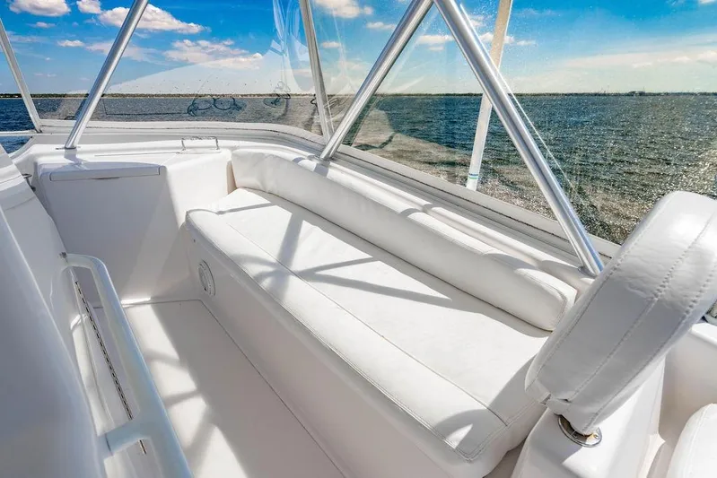 Reel Southern Yacht Photos Pics Luxurious seating on 2006 Viking 56 Convertible yacht with ocean view.