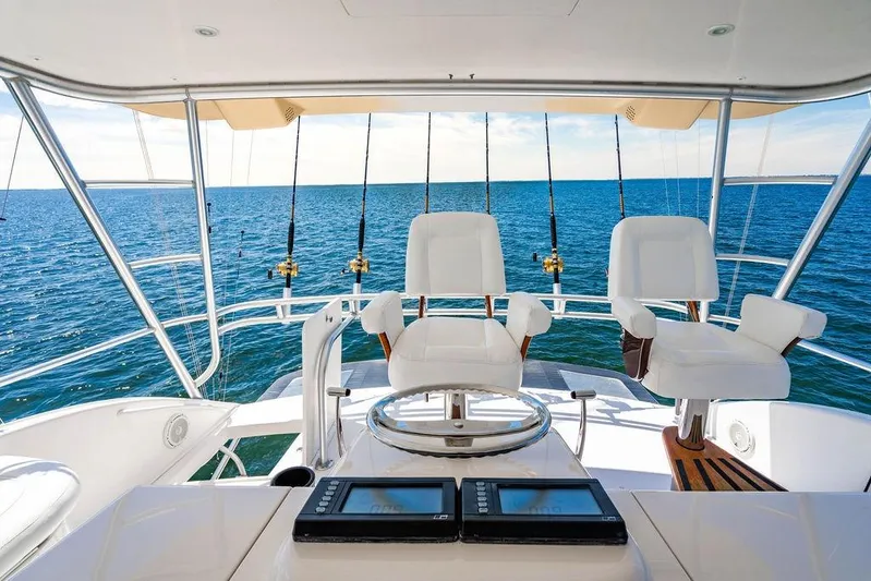 Reel Southern Yacht Photos Pics Luxury 2006 Viking 56 Convertible yacht cockpit with ocean view and fishing rods.
