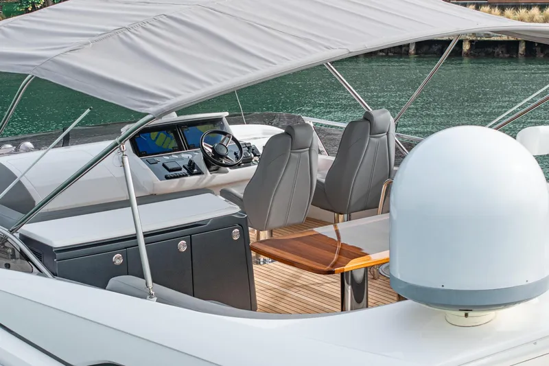 Cinderella Yacht Photos Pics Luxury 2017 Princess S65 yacht cockpit with canopy, featuring modern seating and navigation controls.