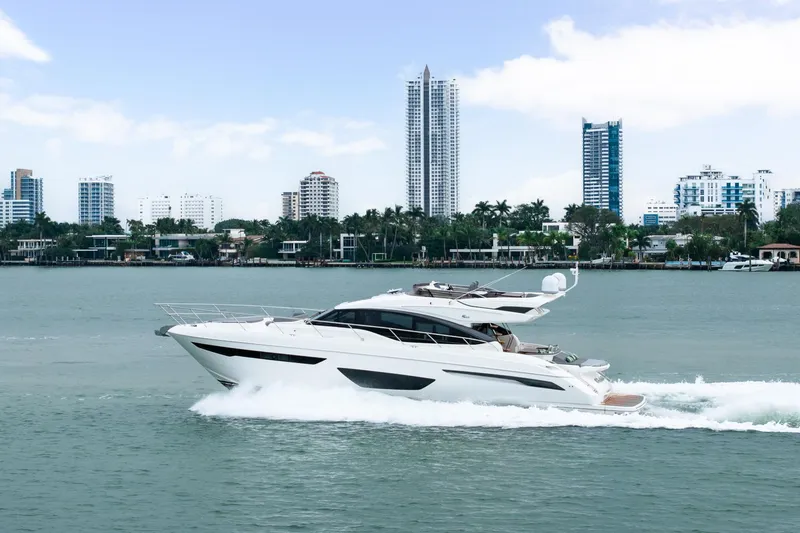 Cinderella Yacht Photos Pics Luxury Princess S65 yacht cruising near city skyline, 2017 model.