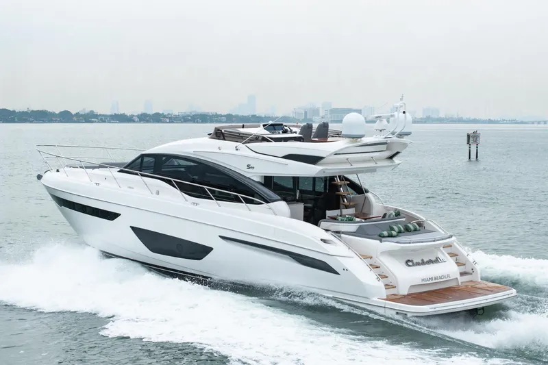 Cinderella Yacht Photos Pics 2017 Princess S65 yacht cruising on open water, showcasing sleek design and luxury features.