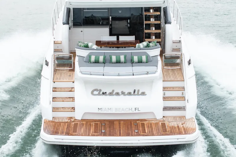 Cinderella Yacht Photos Pics Luxury 2017 Princess S65 yacht "Cinderella" cruising, featuring elegant deck and seating.
