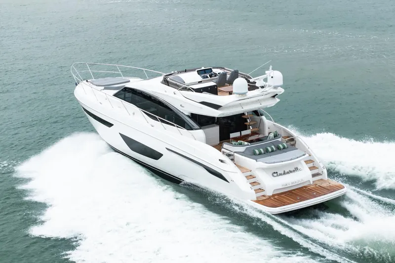 Cinderella Yacht Photos Pics 2017 Princess S65 yacht cruising on open water, showcasing sleek design and luxury features.