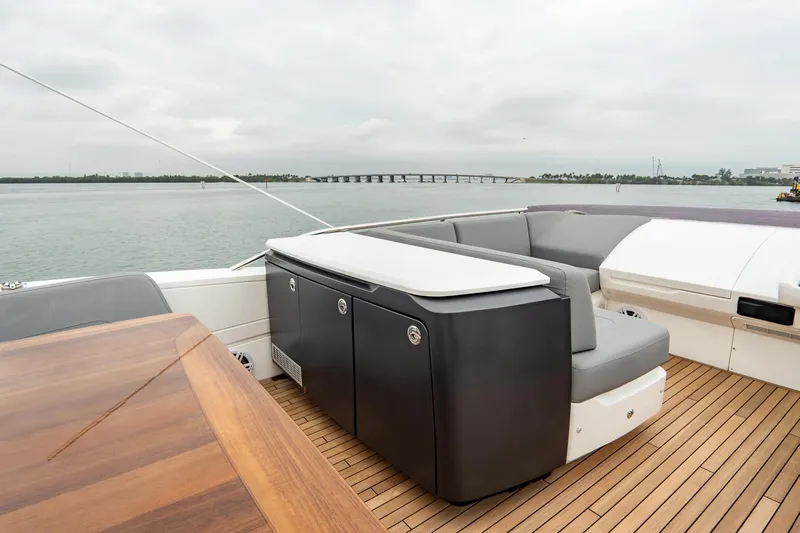 Cinderella Yacht Photos Pics Luxury seating area on 2017 Princess S65 yacht with ocean view.