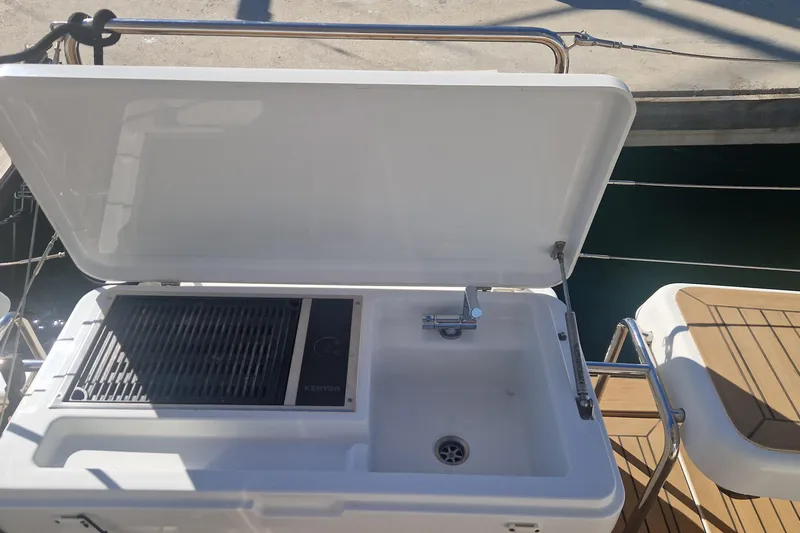  Yacht Photos Pics Outdoor sink and grill on a 2019 Hanse 588 yacht deck.