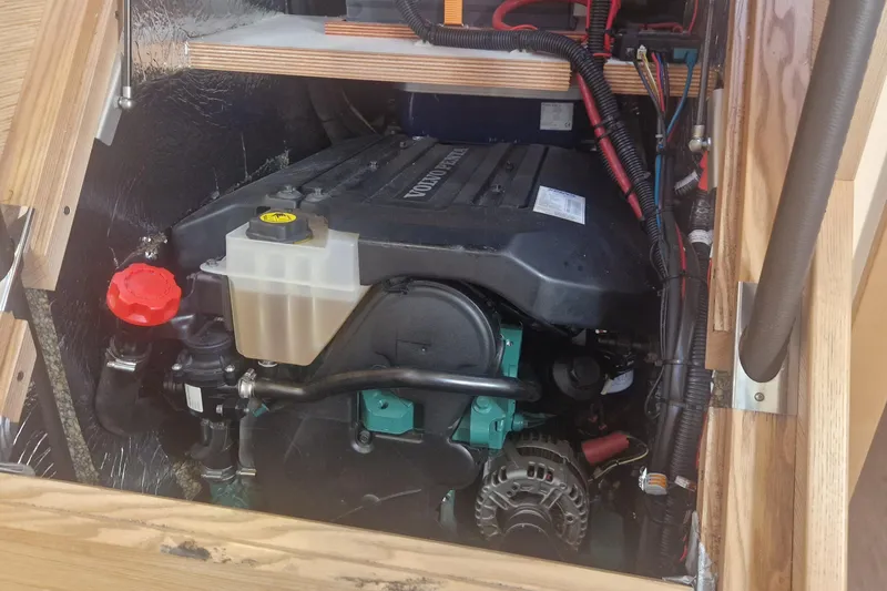  Yacht Photos Pics Engine compartment of a 2019 Hanse 588 yacht, featuring a Volvo Penta engine.