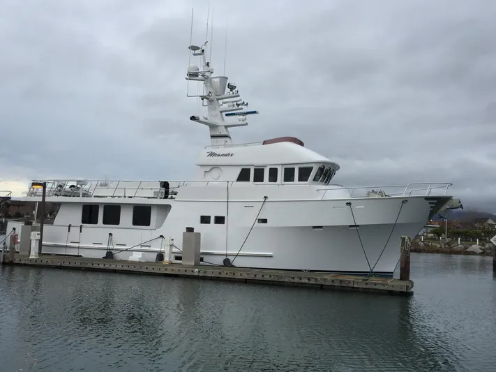 Meander Yacht Photos Pics 2003 Northern Marine Pilothouse Trawler docked, cloudy sky.