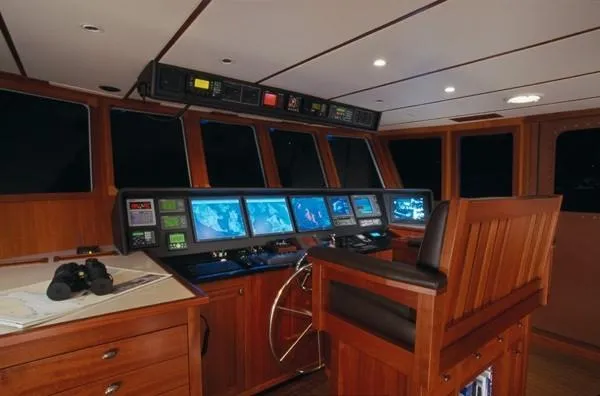Meander Yacht Photos Pics 2003 Northern Marine Pilothouse Trawler helm with modern navigation equipment.