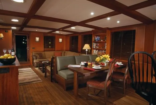 Meander Yacht Photos Pics Interior of a 2003 Northern Marine Pilothouse Trawler, cozy and elegantly furnished.