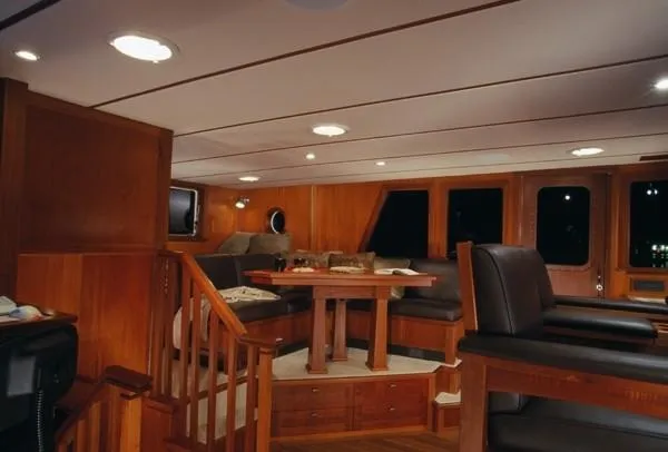 Meander Yacht Photos Pics Interior of 2003 Northern Marine Pilothouse Trawler, luxurious wood design.