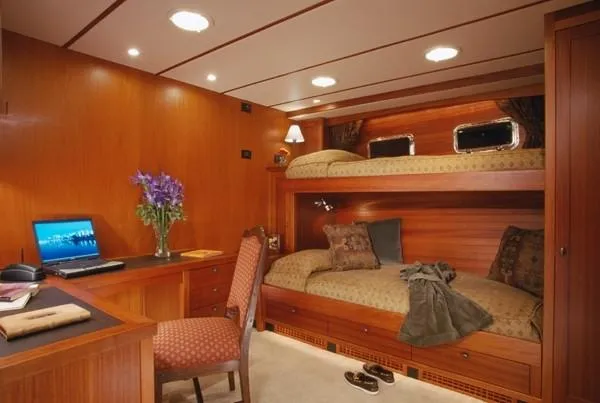 Meander Yacht Photos Pics Interior of 2003 Northern Marine Pilothouse Trawler with bunk beds and desk.