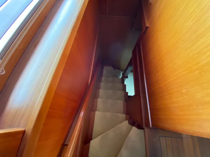 Meander Yacht Photos Pics Wooden staircase inside 2003 Northern Marine Pilothouse Trawler.