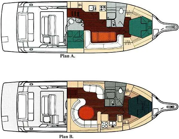 Sparrow Yacht Photos Pics Floor plans of 1995 Tiara Yachts 4000 Express, showcasing interior layouts A and B.