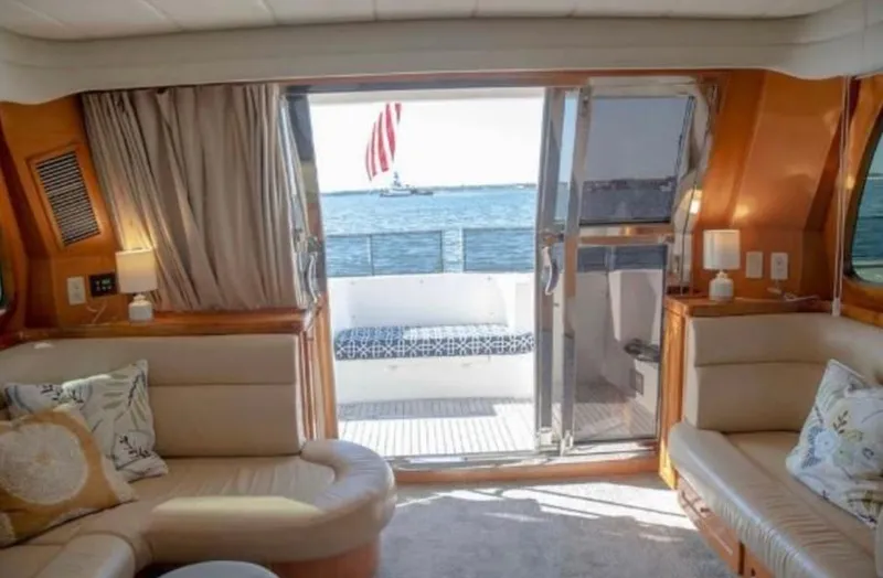 Prudence Yacht Photos Pics Luxurious interior of 2005 McKinna 57 Pilothouse yacht with ocean view.
