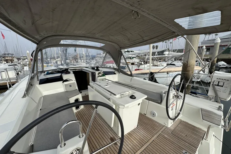 Madras Yacht Photos Pics 2022 Beneteau Oceanis 40.1 yacht cockpit with dual steering wheels and spacious seating.