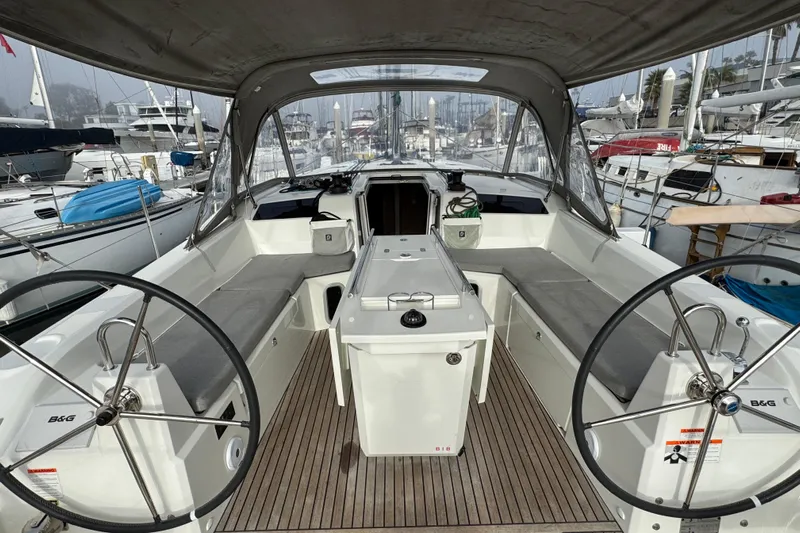 Madras Yacht Photos Pics 2022 Beneteau Oceanis 40.1 yacht cockpit with dual steering wheels and seating.