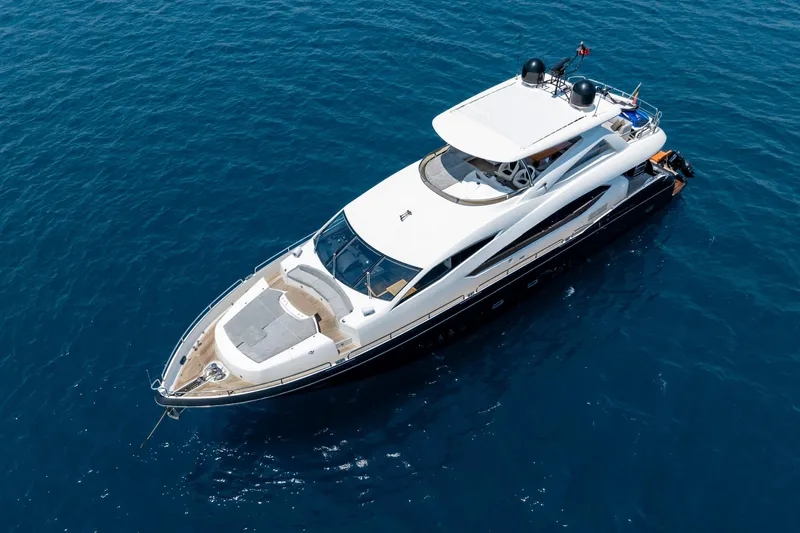 Mello Yacht Photos Pics 2008 Sunseeker 86 Yacht cruising on open blue waters, aerial view.