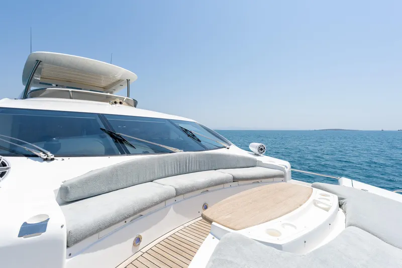 Mello Yacht Photos Pics Luxurious 2008 Sunseeker 86 Yacht deck with ocean view and comfortable seating.