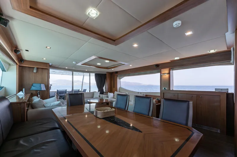 Mello Yacht Photos Pics Luxurious interior of 2008 Sunseeker 86 Yacht with ocean view and elegant furnishings.