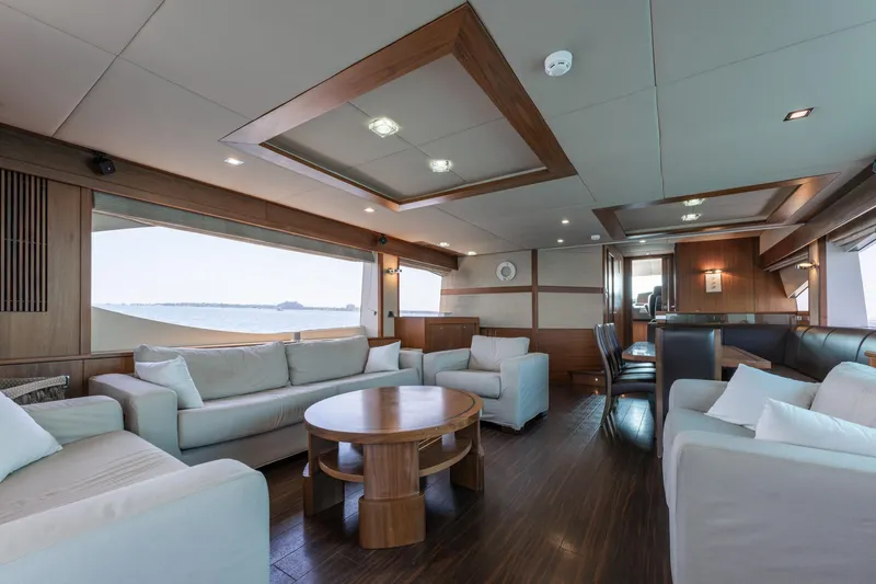 Mello Yacht Photos Pics Luxurious interior of 2008 Sunseeker 86 Yacht with elegant seating and wooden accents.