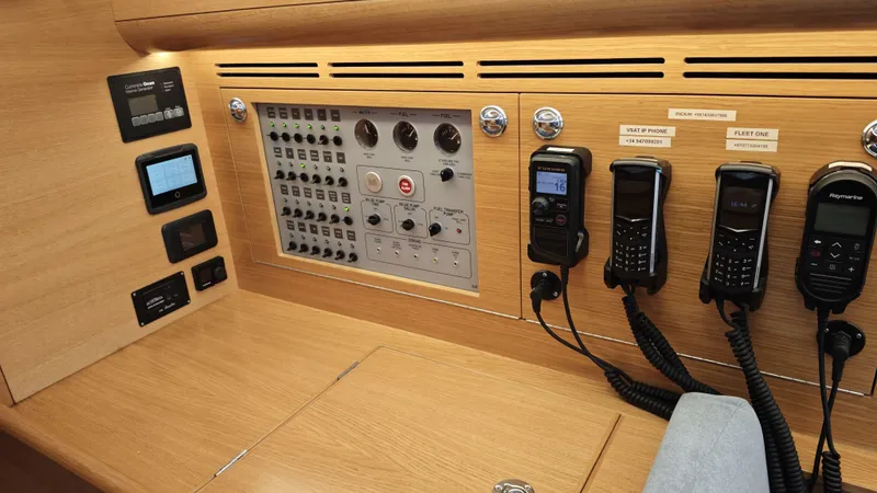 Hallberg Rassy 57 2020 Yacht Photos Pics Control panel and communication devices on a 2020 Hallberg-Rassy 57 yacht.