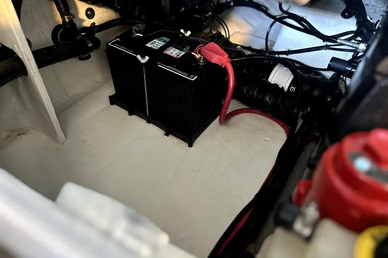  Yacht Photos Pics Battery compartment of 2019 Regal 2800 Bowrider boat with wiring and connections.