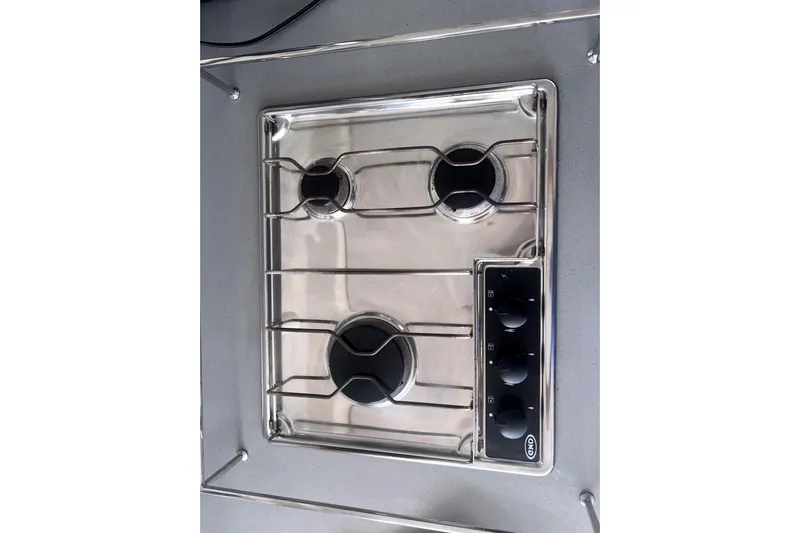  Yacht Photos Pics Stainless steel stove on 2020 Leopard 43 Powercat yacht kitchen.